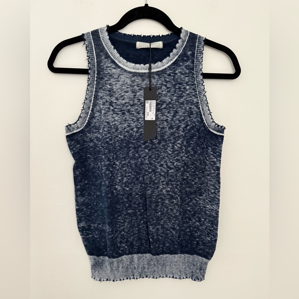 Decker Luxe Navy Blue Cotton Cashmere Frayed Edge Knit Tank Size M